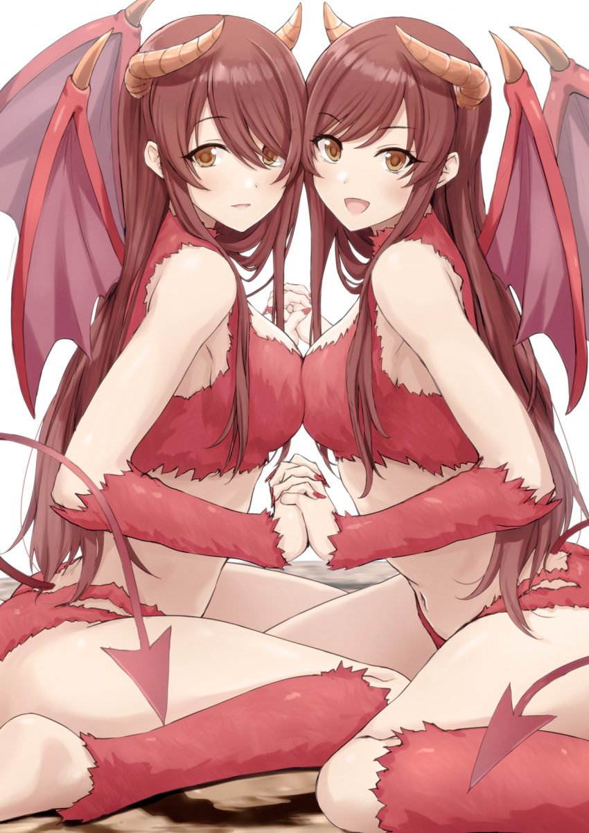 2girls blush breast_press breasts brown_hair closed_mouth crop_top cropped_shirt demon_girl demon_horns demon_tail demon_wings detached_sleeves dot_nose face-to-face fake_horns fake_tail fake_wings fingernails hair_between_eyes highres holding_hands horns idolmaster idolmaster_shiny_colors interlocked_fingers jk_ssma long_hair looking_at_viewer medium_breasts midriff multiple_girls navel open_mouth osaki_amana osaki_tenka red_hair red_nails red_shirt red_shorts red_sleeves sharp_fingernails shirt shorts siblings sideboob simple_background sisters sitting sleeveless sleeveless_shirt smile swept_bangs symmetrical_docking tail toeless_legwear torn_clothes torn_shorts twins wariza white_background wings yellow_eyes