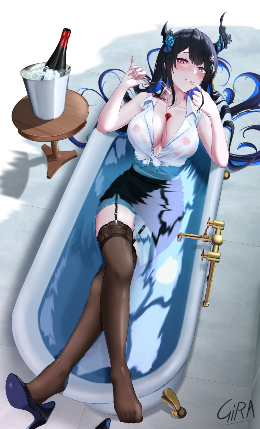 1girl absurdres asymmetrical_horns bath bathing black_garter_straps black_hair black_skirt black_thighhighs blue_hair blush bottle breasts cleavage collared_shirt colored_inner_hair commission covered_nipples cup demon_horns drinking_glass feet front-tie_top garter_straps girarikyo hair_ornament highres holding hololive hololive_english horn_flower horns ice_bucket large_breasts long_hair looking_at_viewer mole mole_under_eye multicolored_hair nerissa_ravencroft parted_lips partially_submerged pencil_skirt pink_eyes red_wine see-through shirt shoe_dangle signature skirt solo table tassel tassel_hair_ornament thighhighs toes two-tone_hair uneven_horns very_long_hair virtual_youtuber wet wet_clothes white_shirt wine_bottle wine_glass