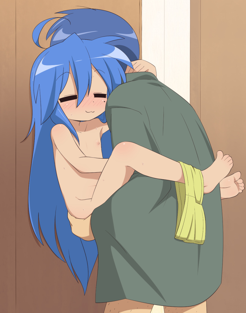 1boy 1girl barefoot blush closed_mouth father_and_daughter feet flat_chest hetero highres incest indoors izumi_konata izumi_soujirou lucky_star mole mole_under_eye nude sex shino_(baraag) toes