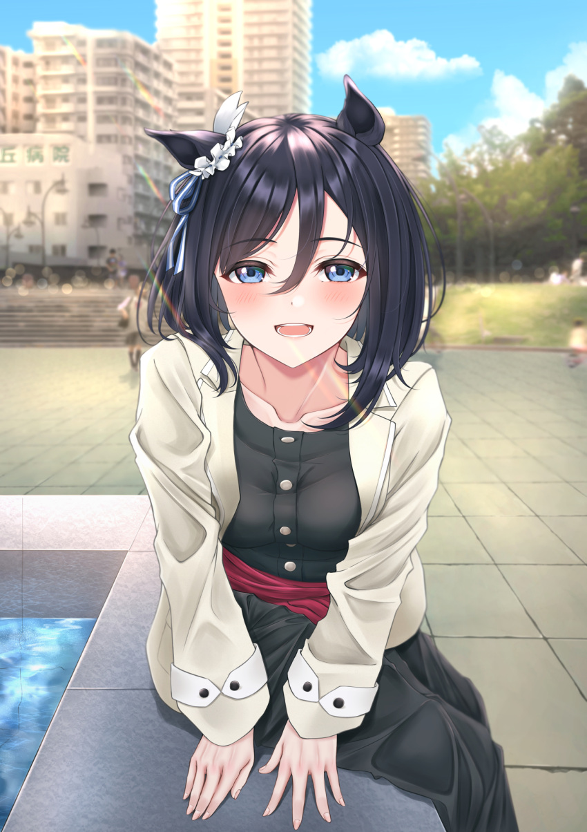 animal_ears black_dress black_hair blue_eyes blue_sky blurry blurry_background blush building buttons collarbone depth_of_field dress ear_scrunchie eishin_flash_(umamusume) highres horse_ears horse_girl hospital long_sleeves looking_at_another looking_at_viewer medium_hair open_mouth outdoors park sitting sky smile sunlight umamusume yoshiki_3821