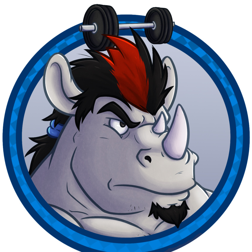 1:1 2014 2_horns almasy alpha_channel anthro barbell black_hair chuck_(braford) facial_hair facial_horn goatee grey_body grey_skin hair headshot_portrait hi_res highlights_(coloring) horn icon male mammal nose_horn ponytail portrait red_highlights rhinoceros solo weights