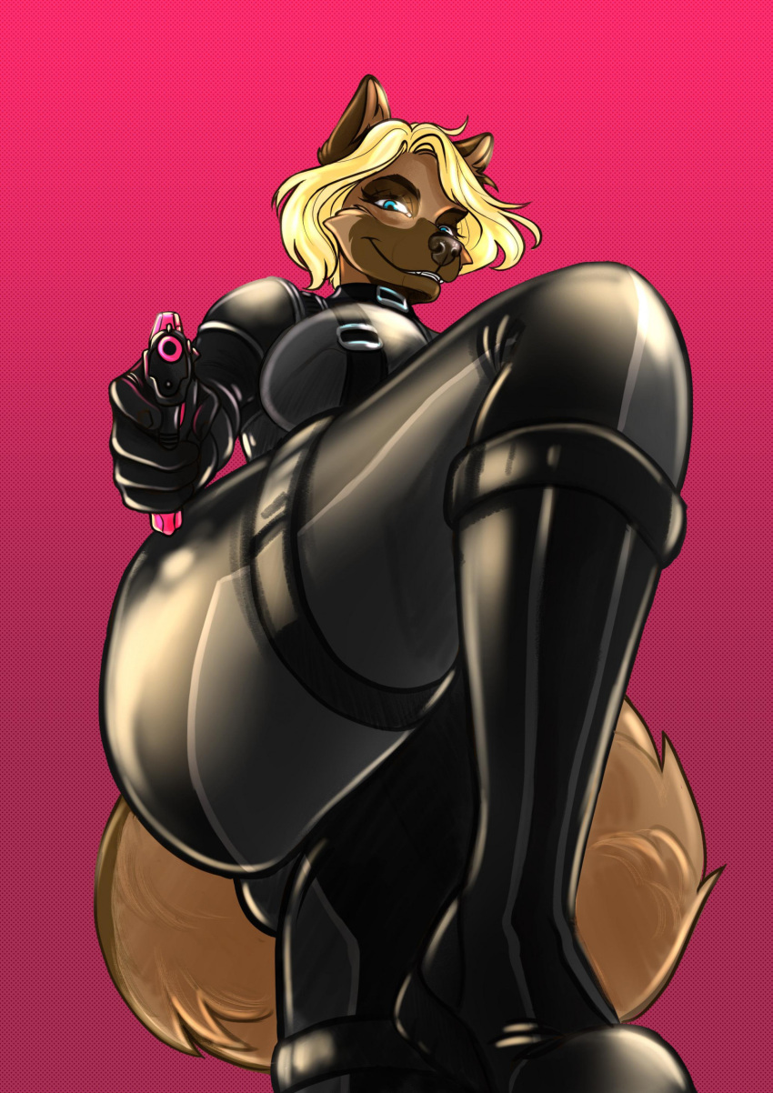 2023 5_fingers aiming_at_viewer anthro big_breasts black_latex blonde_hair breasts brown_body brown_fur canid canine canis cinnameana clothing domestic_dog dora_schutzhund eyewear female fingers fur german_shepherd glistening_rubber grin gun hair handgun herding_dog hi_res holding_gun holding_handgun holding_object holding_pistol holding_weapon latex latex_clothing looking_at_viewer mammal pastoral_dog pink_background pistol ranged_weapon rubber rubber_clothing rubber_suit simple_background smile solo thick_thighs weapon