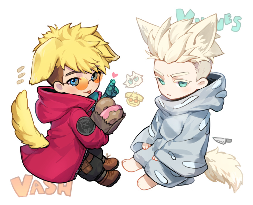 2boys :3 :p animal_ears aqua_eyes bag barefoot black_pants blonde_hair blue_eyes brothers bullet cat cat_boy cat_ears cat_tail character_name chibi coat commentary dog dog_boy dog_ears dog_tail doughnut extra_ears finger_heart food from_side frown full_body glasses heart holding holding_bag hood hood_down hooded_coat hooded_robe knife long_sleeves looking_at_viewer looking_to_the_side male_focus millions_knives mole mole_under_eye multiple_boys orange-tinted_eyewear pants paper_bag prosthesis prosthetic_arm raku7560 red_coat robe short_hair siblings sitting spiked_hair symbol-only_commentary tail tail_through_clothes tinted_eyewear tongue tongue_out trigun trigun_stampede twins undercut vash_the_stampede white_background white_hair