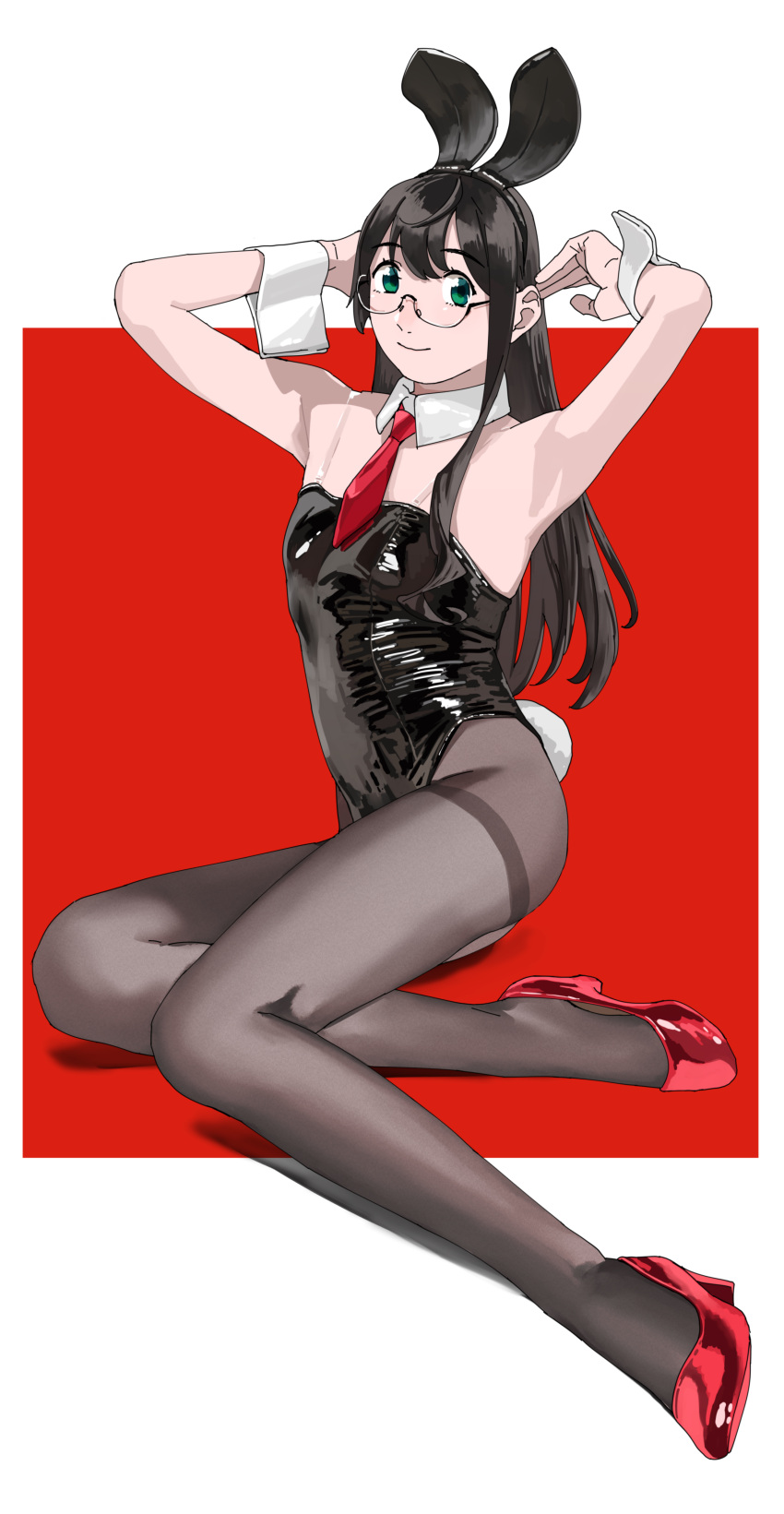 1girl absurdres alternate_costume animal_ears armpits arms_up black_hair black_leotard black_pantyhose closed_mouth detached_collar fake_animal_ears fake_tail full_body glasses high_heels highres kantai_collection leotard long_hair looking_at_viewer necktie ojipon ooyodo_(kancolle) pantyhose playboy_bunny rabbit_ears rabbit_tail red_footwear red_necktie sitting smile solo strapless strapless_leotard tail thighband_pantyhose wrist_cuffs