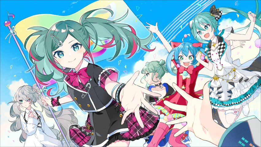 25-ji_miku 6+girls absurdres ahoge animal_ears aqua_hair arms_up black_jacket black_shirt black_skirt blue_eyes blue_hair blue_nails blue_sky bracelet buttons cat_ears checkered_clothes checkered_vest double-breasted dress flag frilled_skirt frilled_sleeves frills grey_hair hatsune_miku highres holding holding_flag jacket jewelry leo/need_miku long_hair looking_at_viewer more_more_jump!_miku multicolored_hair multiple_girls multiple_persona omutatsu pink_hair pink_thighhighs pov project_sekai red_dress school_uniform shirt skirt sky streaked_hair thighhighs twintails very_long_hair vest vivid_bad_squad_miku vocaloid white_dress white_vest wonderlands_x_showtime_miku