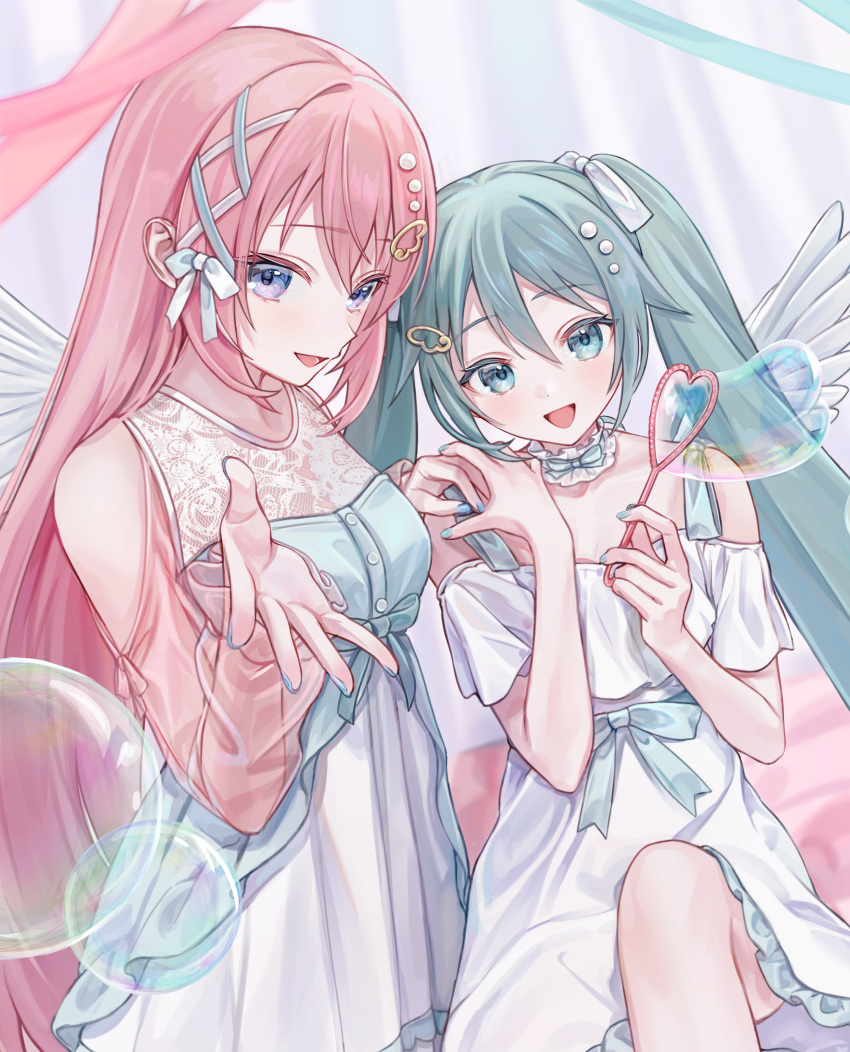 2girls absurdres aqua_eyes aqua_hair aqua_nails bare_shoulders blue_eyes bubble bubble_wand collar commentary detached_collar dress english_commentary frilled_collar frills hair_between_eyes hair_ornament hair_ribbon hairclip hand_on_another's_shoulder hatsune_miku highres holding knee_up light_blush long_hair looking_at_viewer megurine_luka mixed-language_commentary multiple_girls open_hand open_mouth pink_hair pink_sleeves ribbon see-through see-through_sleeves smile twintails very_long_hair vocaloid vs0mr white_dress white_ribbon