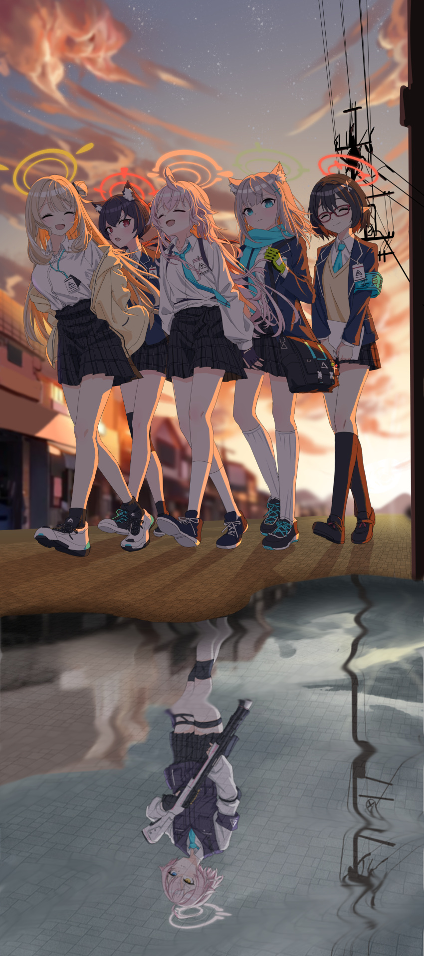 5girls ^_^ absurdres animal_ear_fluff animal_ears aqua_necktie aqua_scarf ayane_(blue_archive) black_skirt blazer blue_archive blush cardigan cat_ears closed_eyes different_reflection foreclosure_task_force_(blue_archive) gun halo highres holding holding_gun holding_weapon hoshino_(blue_archive) hoshino_(young)_(blue_archive) jacket looking_at_another looking_at_viewer multiple_girls necktie nonomi_(blue_archive) outdoors plaid plaid_skirt pleated_skirt pointy_ears reflection scarf school_uniform serika_(blue_archive) shiroko_(blue_archive) shoes skirt sneakers sunset walking weapon weasaker white_background wolf_ears yellow_cardigan