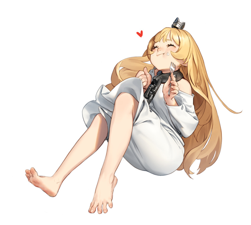 1girl bangs barefoot beeeeen blonde_hair breasts chain closed_eyes closed_mouth collar cream cream_on_face cuffs dress eating eyelashes feet food food_on_face fork full_body hands_up heart hime-sama_"goumon"_no_jikan_desu hime_(hime-sama_"goumon"_no_jikan_desu) holding knees_up leaning_back long_hair metal_collar off_shoulder shackles sidelocks simple_background sitting soles solo spread_toes toenails toes white_dress