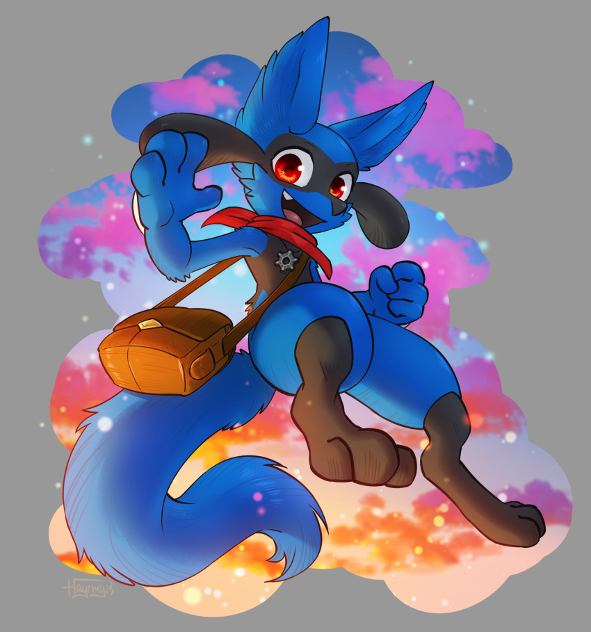 4_fingers absurd_res anthro biped blue_body blue_fur drew_(djmuffintops) fingers fur generation_4_pokemon haychel hi_res looking_at_viewer male nintendo open_mouth open_smile pokemon pokemon_(species) riolu smile smiling_at_viewer solo