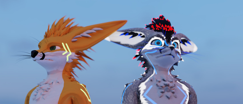 2023 21:9 3d_(artwork) :| absurd_res anthro arms_at_sides big_ears big_pupils black_body black_feathers black_whiskers blue_background blue_body blue_eyes blue_feathers blue_sky blue_tattoo blue_teeth blue_whiskers canid canine day depth_of_field digital_media_(artwork) dilated_pupils duo ear_tuft eye_markings facial_markings feathers flimsy_fox_(artist) flimsy_fox_(character) fox fur green_eyes green_tattoo grey_body grey_fur head_markings hi_res hybrid looking_aside looking_forward male mammal markings orange_body orange_feather_hair orange_fur outside pupils red_body red_feathers rexouium serious simple_background sky snout snout_markings staring_off tattoo teeth tuft white_body white_ear_tips white_fur white_tuft wide_eyed