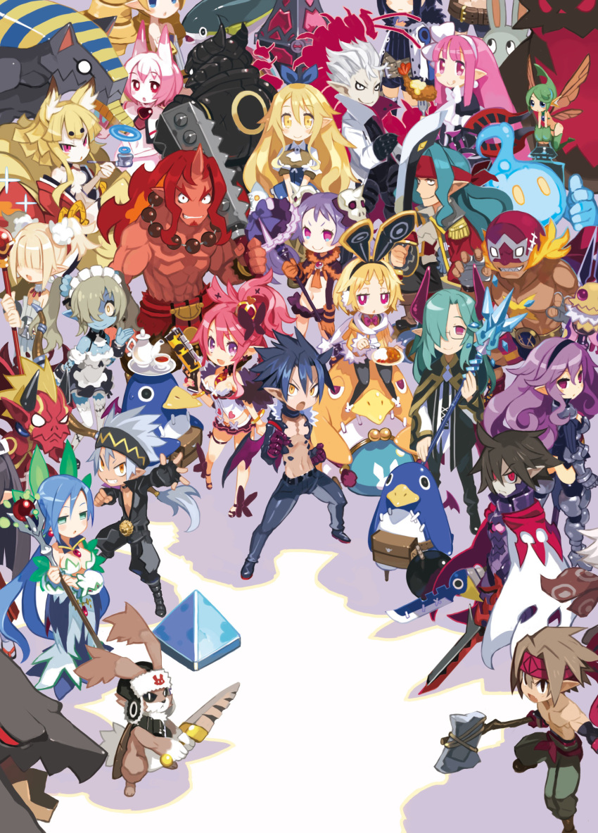 6+boys 6+girls absolutely_everyone absurdres ahoge animal_ears annotated aqua_hair archer_(disgaea) armor asagiri_asagi axe bear_(disgaea) bird black_armor black_footwear black_gloves black_hair black_hairband black_pants black_pantyhose black_shorts blonde_hair bloodis_(disgaea) blue_bow blue_hair blue_skin boots bow breasts bright_pupils cape chimera_(disgaea) choker christo_(disgaea) coat colored_skin crown curly_hair curry dark_knight_(disgaea) detached_sleeves disgaea dragon_(disgaea) drill_hair elbow_gloves everyone fairy_(disgaea) fairy_wings female_warrior_(disgaea) fingerless_gloves fish food fox_ears full_armor gloves green_hair green_pants gun hair_bow hair_ornament hair_over_eyes hair_over_one_eye hairband harada_takehito headband heavy_knight_(disgaea) highres holding holding_axe holding_gun holding_staff holding_sword holding_weapon horns imp_(disgaea) killia_(disgaea) kiseru large_breasts legs_apart liezerota_(disgaea) long_hair looking_at_viewer low_ponytail luchador_mask lucky_board_(disgaea) mage_(disgaea) maid_(disgaea) majorita_(disgaea) makai_senki_disgaea_5 male_healer_(disgaea) male_warrior_(disgaea) mini_crown monster multiple_boys multiple_girls muscular muscular_male nine-tailed_fox_(disgaea) ninja_(disgaea) official_art pants pantyhose penguin pink_eyes pink_hair pirate_(disgaea) pointy_ears prinny purple_armor purple_eyes purple_hair rabbit rabbit_(disgaea) rabbit_ears red_eyes red_headband red_magnus red_skin ronin_(disgaea) sage_(disgaea) scarf sea_angel_(disgaea) seraphina_(disgaea) shoes short_hair short_twintails shorts shrimp shrimp_tempura skull_hair_ornament smoking_pipe spiked_hair staff standing sword tempura thighlet topless_male twintails usalia_(disgaea) v_arms void_dark_(disgaea) weapon white_cape white_coat white_hair white_scarf white_skin winged_warrior_(disgaea) wings wrestler_(disgaea) yellow_eyes zeroken_(disgaea)