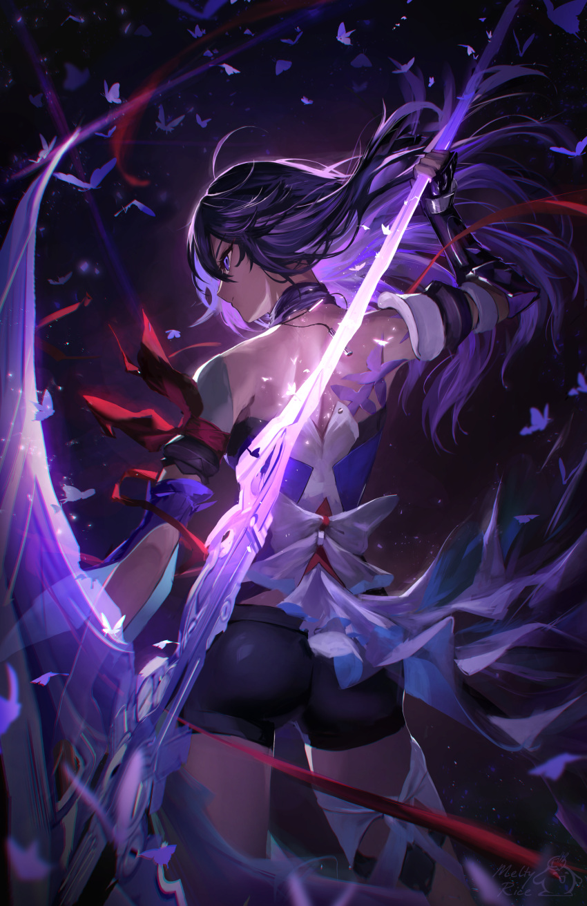 1girl absurdres ahoge arm_scarf ass back bandana_around_arm bare_shoulders black_hair black_shorts bug butterfly butterfly_tattoo colored_inner_hair gloves glowing glowing_weapon hair_between_eyes highres holding holding_scythe honkai:_star_rail honkai_(series) long_hair meltyrice multicolored_hair purple_butterfly purple_eyes purple_hair purple_scarf red_armband scarf scythe seele_(honkai:_star_rail) shorts single_glove solo tattoo thigh_strap thighs very_long_hair weapon