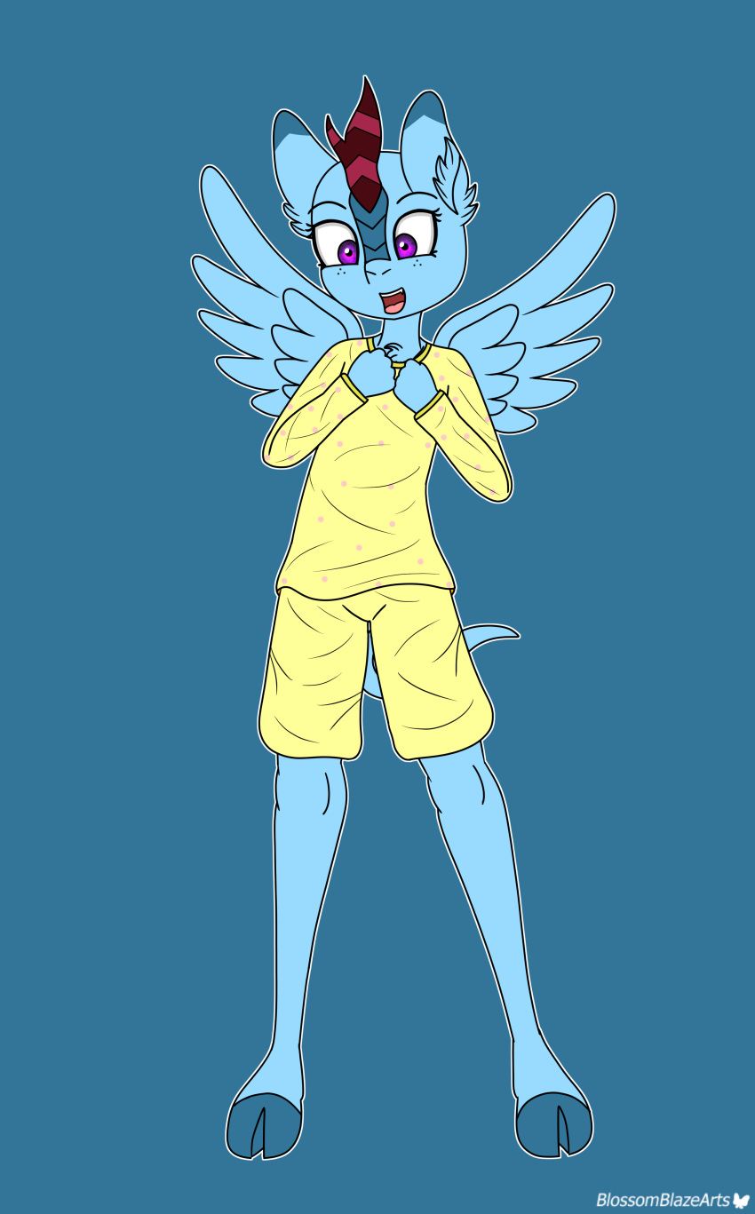 absurd_res anthro asian_mythology blossomblaze bottomwear chest_fur chinese_mythology clothing east_asian_mythology fan_character female freckles hasbro hi_res horn kirin looking_at_viewer mammal my_little_pony mythology raised_arms scales shirt shorts solo spread_legs spread_wings spreading topwear wings