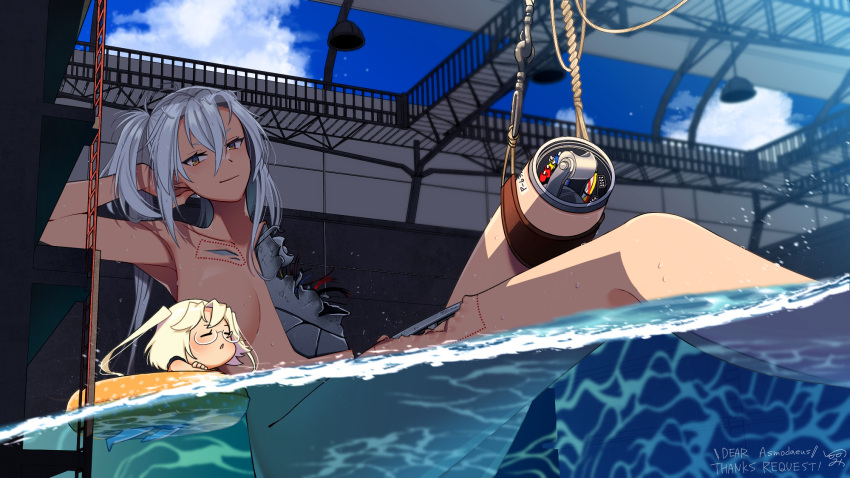 2girls android bathing blonde_hair blue_sky breasts cloud commission completely_nude convenient_censoring damaged dark-skinned_female dark_skin day fairy_(kancolle) grey_hair hair_between_eyes highres innertube kantai_collection large_breasts long_hair mechanical_parts mini_person minigirl multiple_girls musashi_(kancolle) musashi_kai_ni_(kancolle) nude partially_submerged pixiv_commission red_eyes size_difference sky tanaka_io_(craftstudio) twintails very_long_hair