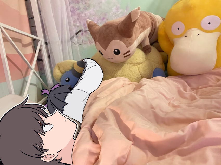 2boys 500_dollar_four_foot_tall_mareep_(meme) black_hair brown_eyes brown_hair character_doll closed_mouth doll florian_(pokemon) furret highres holding holding_doll indoors jacket kashima_momoki kieran_(pokemon) lying male_focus mareep meme multicolored_hair multiple_boys on_back on_side photo_background pokemon pokemon_(game) pokemon_sv psyduck purple_hair short_hair two-tone_hair under_covers white_jacket