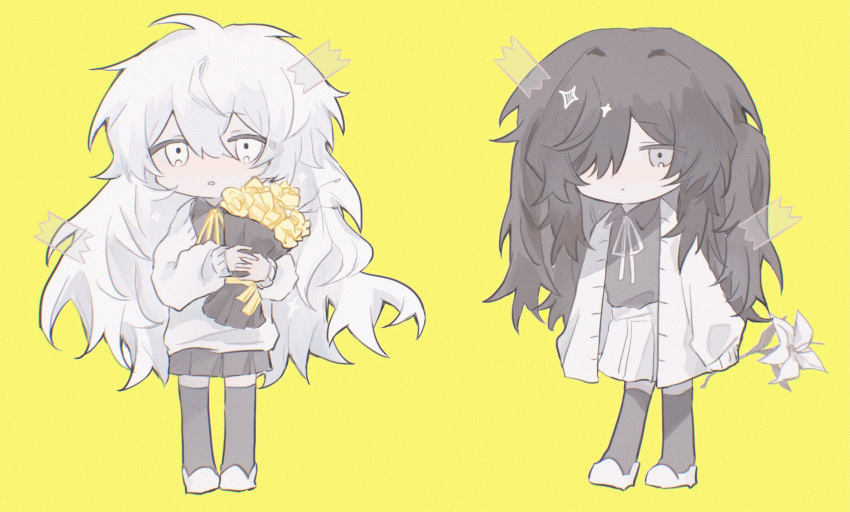 2girls black_hair black_shirt black_skirt black_thighhighs blush bouquet cardigan charlotte_wiltshire chibi closed_mouth flower full_body grey_cardigan grey_ribbon hair_over_one_eye hello_charlotte henrietta_warhol highres holding holding_bouquet loafers long_sleeves monaka78289685 multiple_girls neck_ribbon one_eye_covered open_mouth ribbon shirt shoes skirt sweater thighhighs white_eyes white_hair white_shirt white_skirt white_sweater yellow_background yellow_flower yellow_ribbon