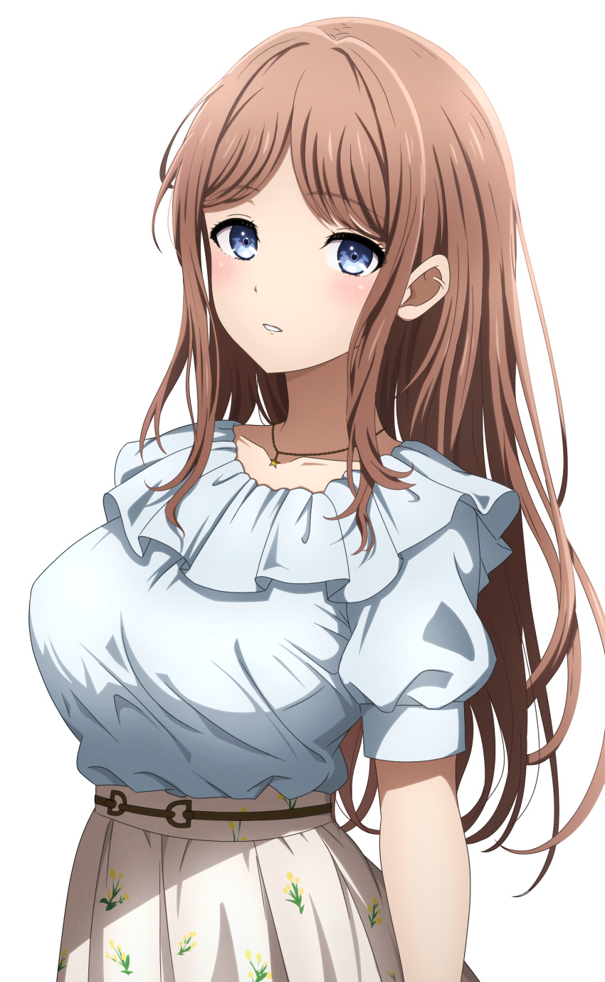 1girl :o absurdres bang_dream! bang_dream!_it's_mygo!!!!! blue_eyes blue_shirt blush breasts brown_hair collarbone highres large_breasts long_hair looking_at_viewer nagasaki_soyo noshimurin parted_bangs shirt shirt_tucked_in short_sleeves simple_background skirt solo straight_hair very_long_hair white_background white_skirt