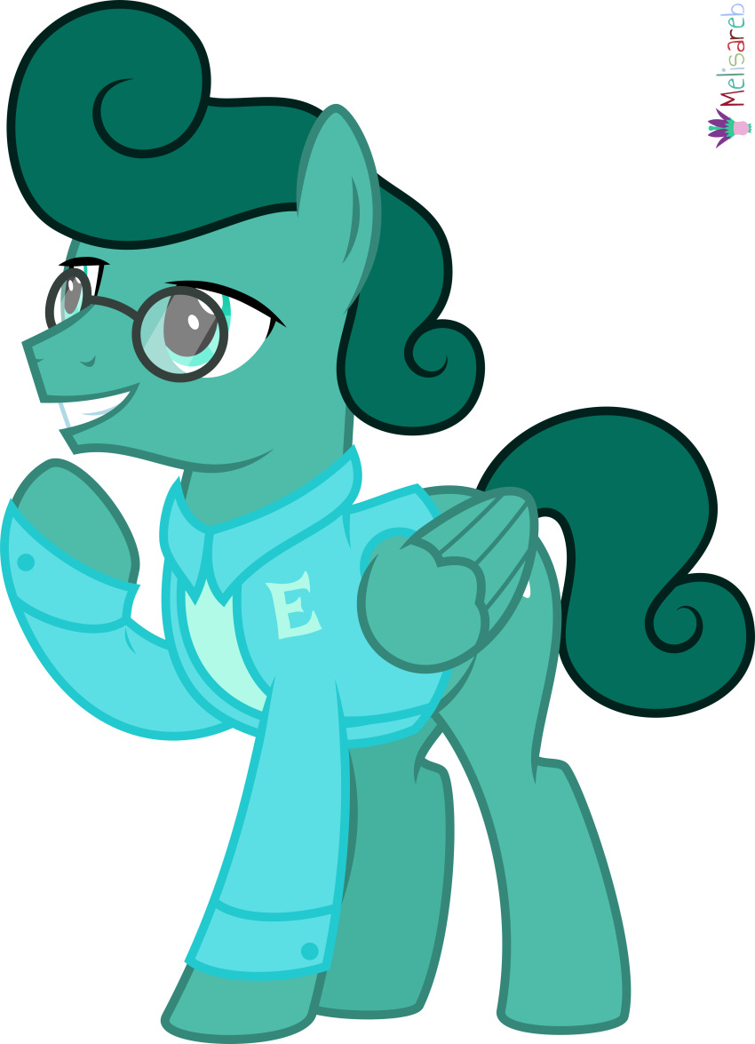 2023 absurd_res alpha_channel alphabet_(mike_salcedo) blue_clothing blue_suit clothing e_(mike_salcedo) equid equine eyewear feral glasses green_body green_eyes green_hair hair hasbro hi_res hooves male mammal melisareb my_little_pony pegasus ponification raised_hoof signature simple_background smile solo suit transparent_background wings