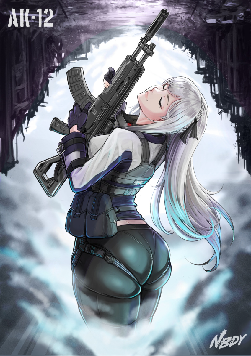1girl absurdres ak-12 ak-12_(girls'_frontline) artist_name ass assault_rifle black_gloves braid breasts character_name closed_eyes cowboy_shot cropped_legs french_braid girls'_frontline gloves gun highres holding holding_weapon kalashnikov_rifle long_hair medium_breasts partially_fingerless_gloves pouch rifle rizal_k.f.c ruins weapon white_hair