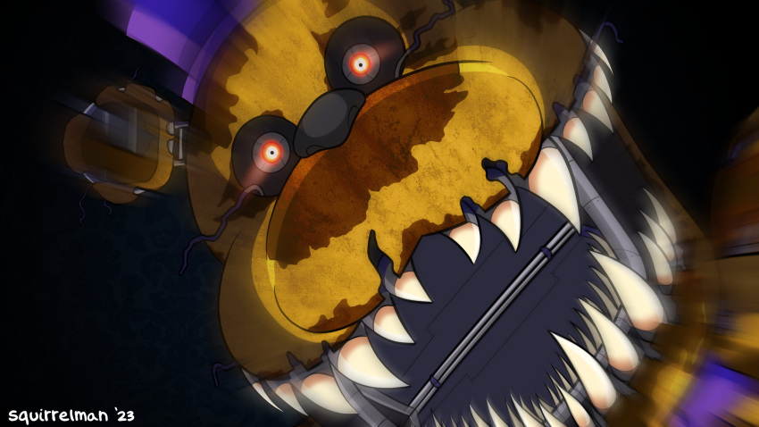 animatronic anthro attack bared_teeth bear bite black_nose blurred_character bow_tie brown_body brown_fur clothing digital_media_(artwork) five_nights_at_freddy's five_nights_at_freddy's_4 fur glowing glowing_eyes hat headgear headwear hi_res jaws jumpscare looking_at_viewer machine male mammal metal nightmare_fredbear_(fnaf) open_mouth overweight overweight_male red_eyes robot rotting scary scottgames sharp_teeth simple_background solo squirrelman teeth top_hat topwear vore wire withered yellow_body yellow_fur