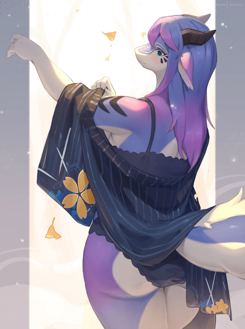 anthro blue_eyes blush butt clothed clothing dragon female female_anthro fingers hair hi_res horn kemono lanya_(shian) long_hair purple_hair shian solo