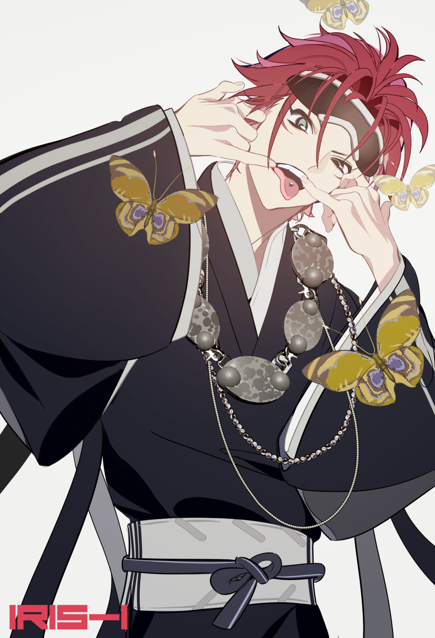 1boy absurdres black_kimono bug butterfly eyewear_on_head facial_mark final_fantasy final_fantasy_vii green_eyes hands_on_own_face highres japanese_clothes jewelry kimono lihonghua314 male_focus messy_hair necklace obi open_mouth piercing red_hair reno_(ff7) sash short_hair silver_jewelry sunglasses tongue tongue_out tongue_piercing yellow_butterfly