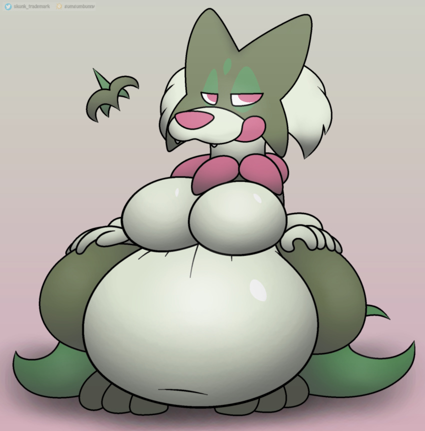 anthro belly big_belly big_breasts breasts fangs female foxball fur generation_9_pokemon green_body half-closed_eyes hanging_belly hi_res inflation licking looking_at_viewer meowscarada narrowed_eyes nintendo nude pokemon pokemon_(species) presenting simple_background smile solo spread_legs spreading teeth tongue tongue_out
