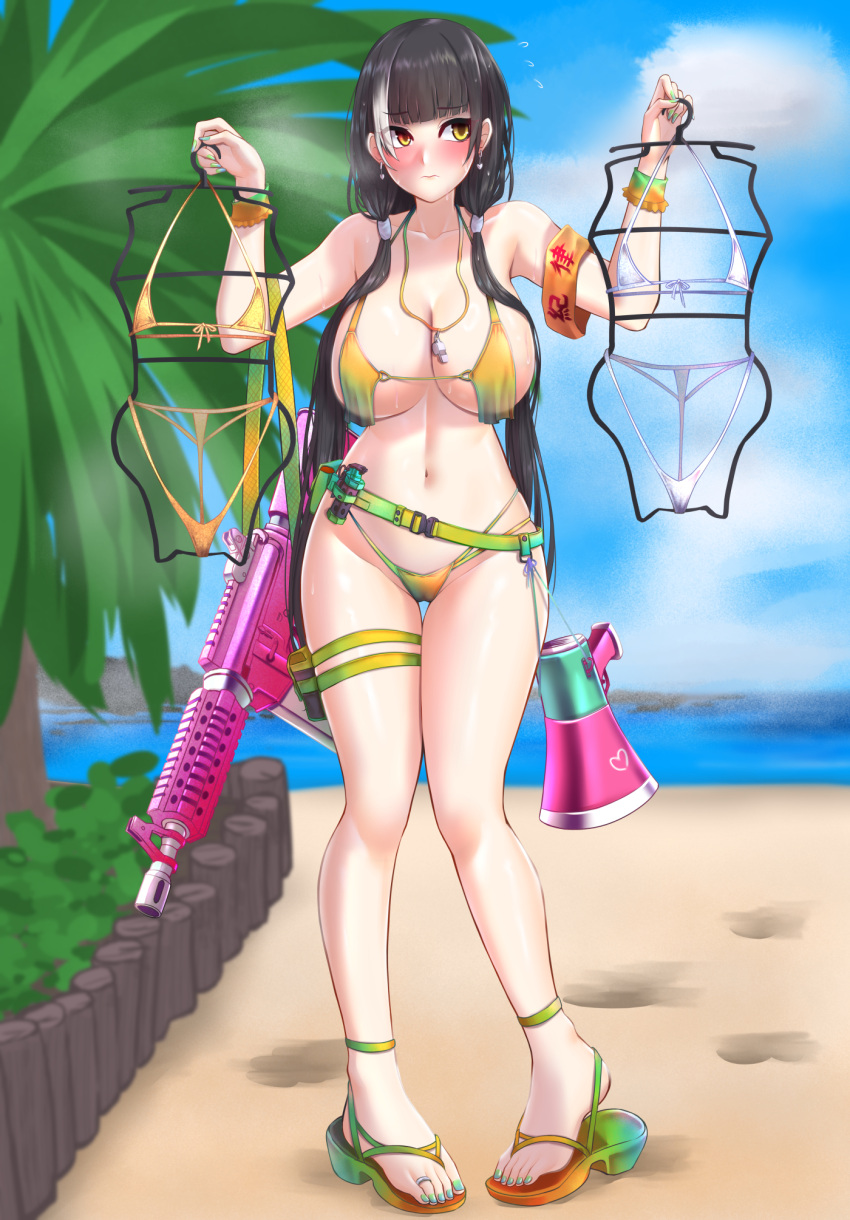 1girl armband bare_shoulders bikini black_hair blush breasts chinese_commentary cleavage closed_mouth commentary_request earrings girls'_frontline green_nails gun heart heart_earrings highres jewelry micro_bikini multicolored_hair nail_polish navel outdoors popoman ro635_(girls'_frontline) sandals sideboob standing stomach streaked_hair swimsuit thigh_strap thighs toenail_polish toenails toes weapon whistle whistle_around_neck white_bikini white_hair yellow_bikini yellow_eyes