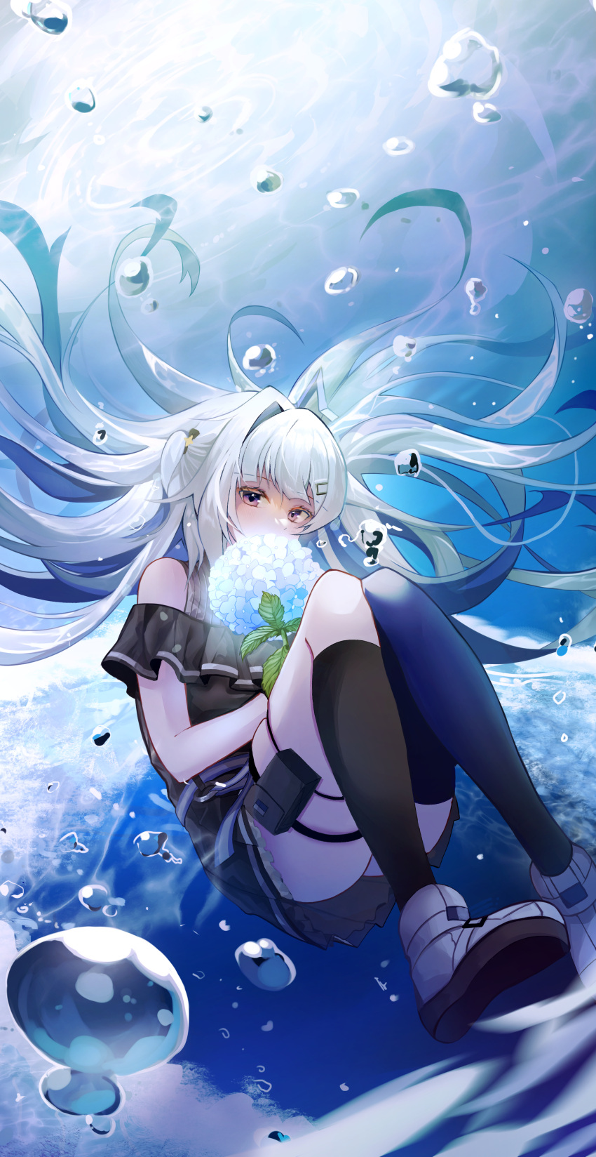 1girl absurdres amane_kanata asymmetrical_legwear black_dress black_socks blue_hair blue_halo blue_thighhighs bubble commentary_request dress flower grey_hair halo highres holding holding_flower hololive kneehighs knees_up looking_at_viewer multicolored_hair naseul_777 ocean off-shoulder_dress off_shoulder purple_eyes shoes single_kneehigh single_sock single_thighhigh socks solo star_halo thighhighs two-tone_hair underwear virtual_youtuber white_footwear white_hair