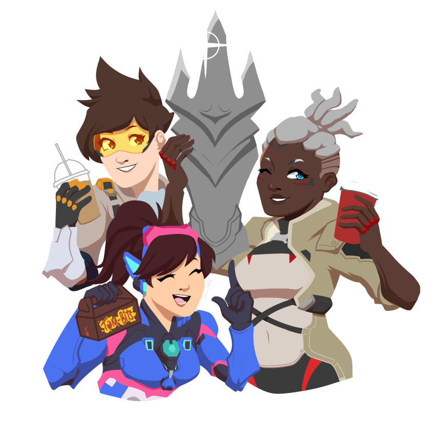3girls absurdres black_gloves blue_eyes breasts brown_hair closed_eyes cup d.va_(overwatch) dark-skinned_female dark_skin drinking_straw frogsmiie gloves goggles high_ponytail highres holding holding_cup holding_trophy medium_breasts multiple_girls one_eye_closed open_mouth overwatch overwatch_2 overwatch_league ponytail short_hair smile sojourn_(overwatch) tight_clothes tracer_(overwatch) transparent_background trophy twitter_username upper_body