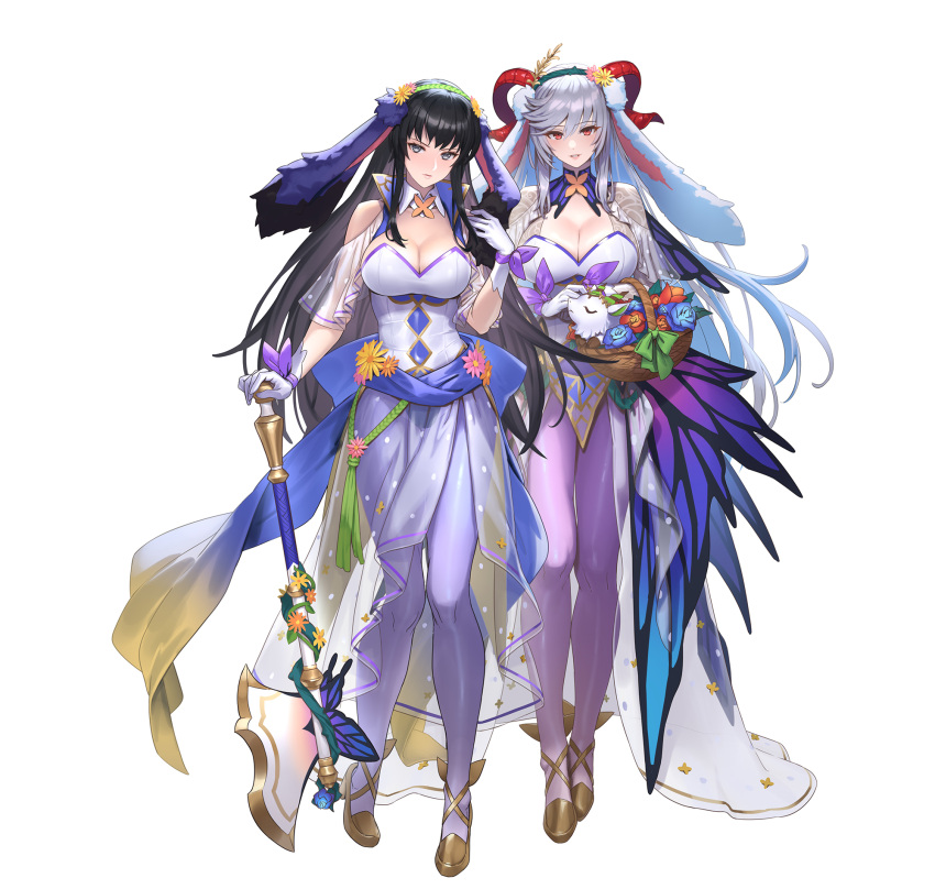 2girls animal_ears axe bangs basket battle_axe black_hair breasts cleavage clothing_cutout cuboon curled_horns fake_animal_ears fire_emblem fire_emblem:_the_blazing_blade fire_emblem_heroes flower freyja_(fire_emblem) freyja_(spring)_(fire_emblem) full_body gloves gold_trim gradient_clothes grey_eyes hair_ornament hand_up highres holding holding_weapon horns karla_(fire_emblem) karla_(spring)_(fire_emblem) large_breasts leotard long_hair looking_at_viewer medium_breasts multiple_girls official_art pantyhose parted_lips polka_dot rabbit_ears red_eyes ribbon see-through serious shoulder_cutout smile standing stuffed_animal stuffed_toy transparent_background turtleneck weapon