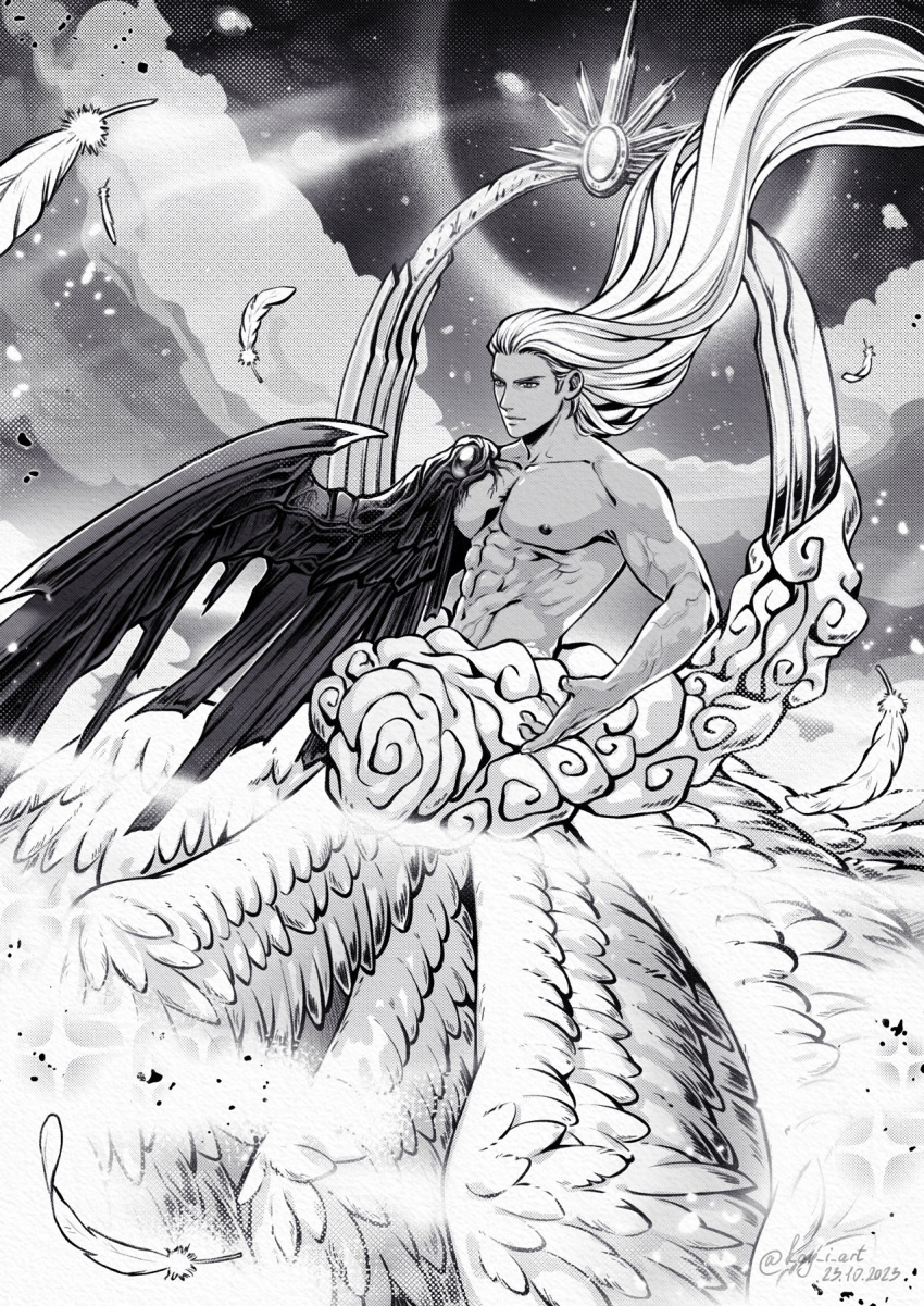 1boy abs black_wings closed_mouth cloud dated demon_wings falling_feathers feathered_wings final_fantasy final_fantasy_vii flying greyscale hair_slicked_back highres kay-i long_hair male_focus monochrome multiple_wings muscular muscular_male pectorals safer_sephiroth sephiroth single_bare_shoulder solo tan topless_male twitter_username white_hair white_wings wings