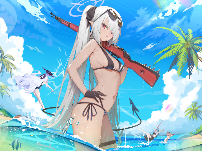 4girls ;o ako_(blue_archive) ball beachball bikini black_gloves blood blue_archive chinatsu_(blue_archive) demon_tail eyewear_on_head gloves grey_hair gun halo hand_on_own_hip highres hina_(blue_archive) hina_(swimsuit)_(blue_archive) holding holding_gun holding_weapon hukahire0120 iori_(blue_archive) iori_(swimsuit)_(blue_archive) jumping long_hair looking_at_viewer multiple_girls nosebleed official_alternate_costume one_eye_closed outdoors palm_tree side-tie_bikini_bottom solo_focus spiking sunglasses swimsuit tail thigh_strap tree twintails very_long_hair wading weapon