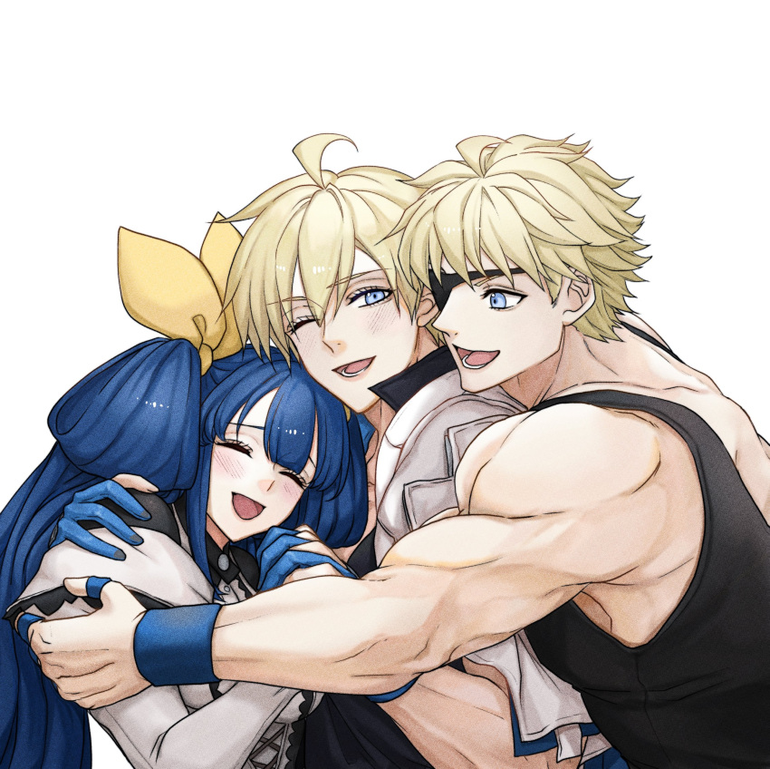 1girl 2boys black_shirt blonde_hair blue_eyes blue_gloves blue_hair blush closed_eyes dizzy_(guilty_gear) ebi_pri_shrimp eyepatch family father_and_son gloves guilty_gear guilty_gear_strive guilty_gear_xrd hair_between_eyes hair_ribbon highres holding_hands hug hug_from_behind husband_and_wife jacket ky_kiske long_hair long_sleeves maid mother_and_son multiple_boys muscular muscular_male one_eye_closed open_mouth partially_fingerless_gloves ribbon shirt short_hair simple_background sin_kiske smile twintails white_background white_jacket yellow_ribbon