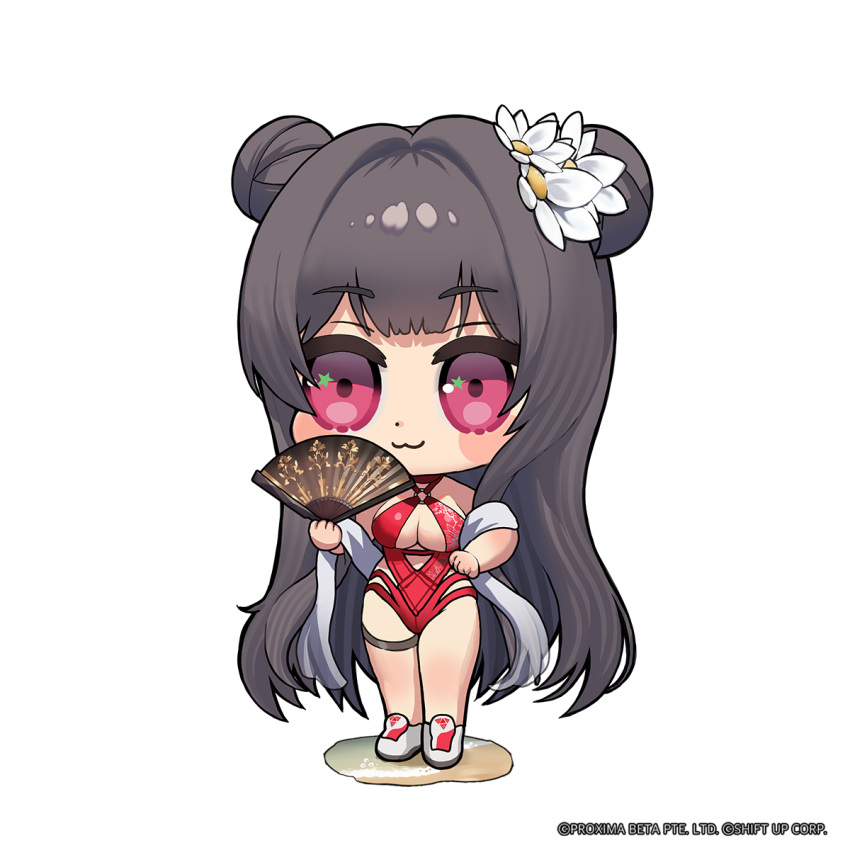 1girl :3 blush_stickers breasts cleavage closed_mouth commentary copyright dot_nose double_bun flower goddess_of_victory:_nikke grey_hair hair_bun hair_flower hair_ornament hand_fan highleg highleg_swimsuit highres holding holding_fan large_breasts long_hair looking_at_viewer multi-strapped_swimsuit o-ring o-ring_swimsuit official_art one-piece_swimsuit pink_eyes red_one-piece_swimsuit shawl smile solo star_(symbol) star_in_eye swimsuit symbol_in_eye thigh_strap thighs totatokeke very_long_hair white_flower white_footwear yan_(nikke) yan_(sunrise_market)_(nikke)