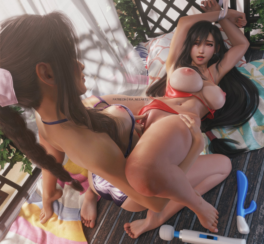 2girls 3d aerith_gainsborough arms_up artist_name bikini bikini_bottom_aside bikini_top_aside black_hair bound bound_arms braid braided_ponytail breasts brown_hair clothing_aside dildo drill_hair final_fantasy final_fantasy_vii final_fantasy_vii_remake fingering highres hitachi_magic_wand long_hair low-tied_long_hair multiple_girls navel nipples patreon_username pussy ria_(baka-neearts) sex_toy stomach swimsuit tifa_lockhart vibrator yuri