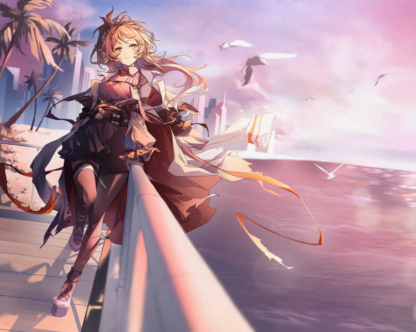 1girl absurdres animal_ears arknights beach bird black_pantyhose black_skirt black_thighhighs blush bridge brown_eyes brown_hair building closed_mouth coat collared_shirt eyjafjalla_(arknights) eyjafjalla_the_hvit_aska_(arknights) floating_hair highres horns light_smile long_hair long_sleeves looking_at_viewer official_alternate_costume open_clothes open_coat palm_tree pantyhose pink_shirt ponytail railing sand seagull sheep_ears sheep_girl sheep_horns shirt shoes single_leg_pantyhose single_thighhigh skirt skyscraper solo standing standing_on_one_leg thighhighs torn_clothes torn_pantyhose tree umie_(iowae) water white_coat white_footwear