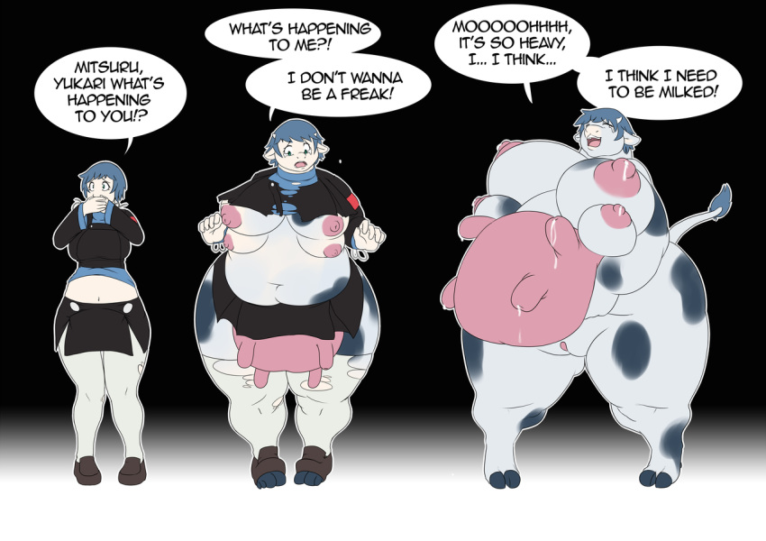 2016 4_breasts after_transformation alternate_species anthro atlus black_clothing blue_hair bodily_fluids bovid bovine breast_growth breasts cattle clothing dialogue english_text eyes_closed female fountain_malchemy fuuka_yamagishi genitals growth hair hoof_growth hooves horn horn_growth human human_to_anthro lactating mammal megami_tensei megami_tensei_persona multi_breast multi_breast_growth navel nude open_mouth overweight overweight_anthro pussy sega sequence simple_background solo species_transformation standing surprise tail_growth tears teats text torn_clothing transformation udder_growth udders weight_gain wide_hips