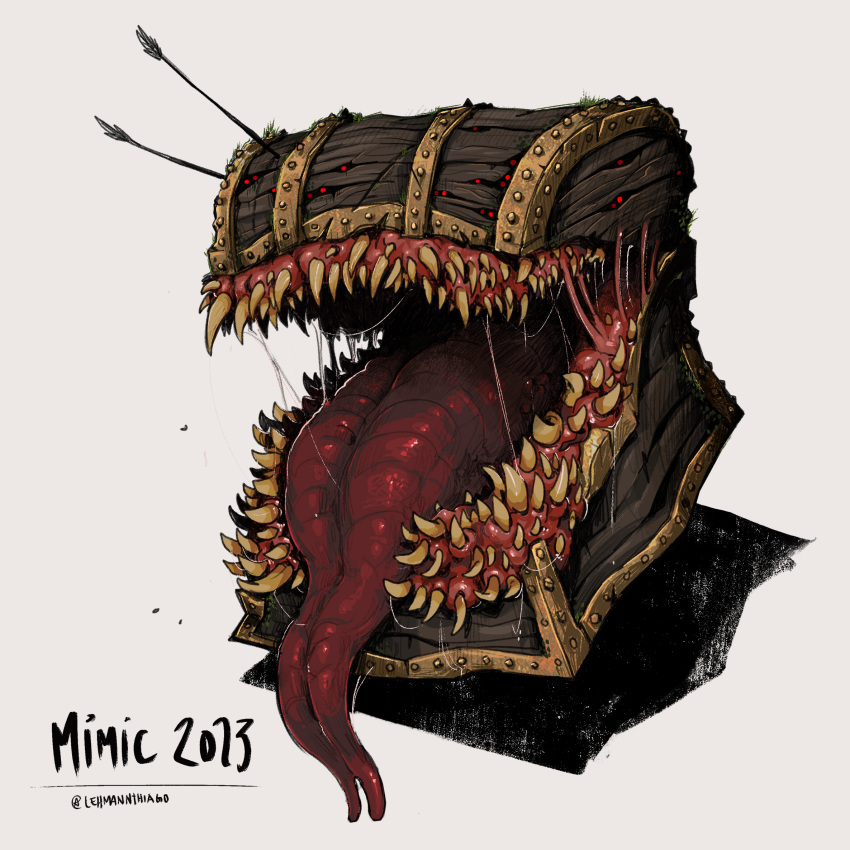 2023 arrow_(projectile) artist_name character_name extra_eyes highres long_tongue mimic mimic_chest monster no_humans open_mouth original red_eyes saliva sharp_teeth simple_background teeth thiago_lehmann tongue tongue_out white_background
