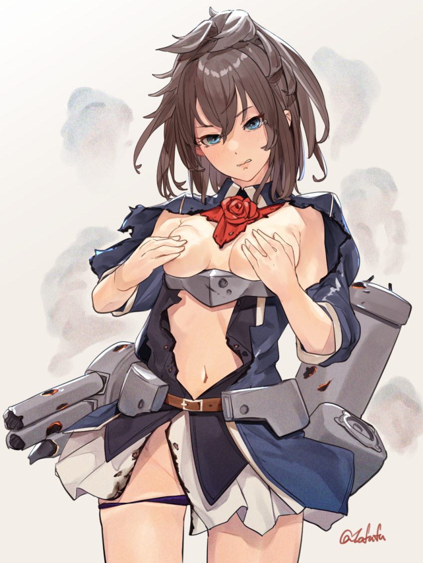 1girl black_panties blue_eyes blush breasts brown_hair burnt_clothes covered_nipples damaged fuwafuwatoufu gloves hair_between_eyes highres kantai_collection long_hair long_sleeves messy_hair military military_uniform panties ponytail sheffield_(kancolle) simple_background small_breasts smokestack solo torn_clothes torpedo_tubes underwear uniform white_gloves