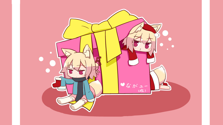 3girls absurdres animal_ear_fluff animal_ears barefoot black_scarf blonde_hair blue_shirt blush borrowed_character box chibi christmas_stocking commentary_request dot_mouth fox_ears fox_girl fox_tail gift gift_box hair_between_eyes hair_bun hair_ornament hat heart highres in_box in_container jitome kemomimi-chan_(naga_u) long_sleeves multiple_girls no_nose no_shoes o3o original outline pink_background pink_skirt pleated_skirt purple_eyes ranko_(yulasa) red_shirt ribbon-trimmed_legwear ribbon_trim santa_costume santa_hat scarf shadow shirt simple_background sitting skirt sleeves_past_fingers sleeves_past_wrists soles tail thighhighs translation_request white_outline white_thighhighs