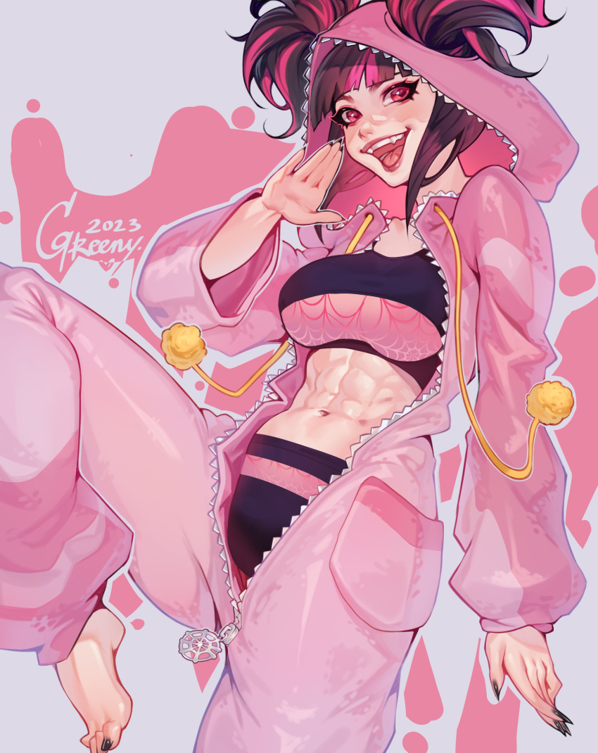 1girl :d abs absurdres artist_name barefoot black_hair black_nails blunt_bangs breasts commentary cormgreenu cowboy_shot drawstring english_commentary fangs fingernails foot_out_of_frame han_juri highres hood large_breasts looking_at_viewer multicolored_hair nail_polish navel official_alternate_costume official_alternate_hairstyle onesie open_mouth pajamas pink_hair pink_pajamas purple_eyes sharp_fingernails short_twintails signature smile solo spider_web_print sports_bra standing standing_on_one_leg streaked_hair street_fighter street_fighter_6 toenail_polish toenails twintails two-tone_background two-tone_hair underwear unzipped white_background