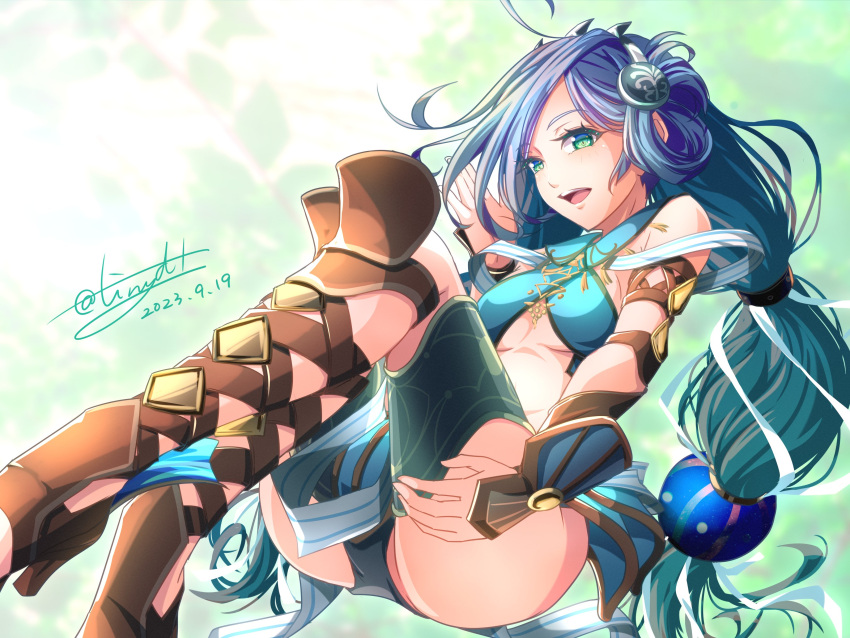 1girl absurdres blue_hair breasts dana_(ys) dated green_eyes high_heels highres long_hair low_ponytail navel panties pantyshot signature small_breasts smile solo swept_bangs tinybiard twitter_username underwear ys ys_viii_lacrimosa_of_dana