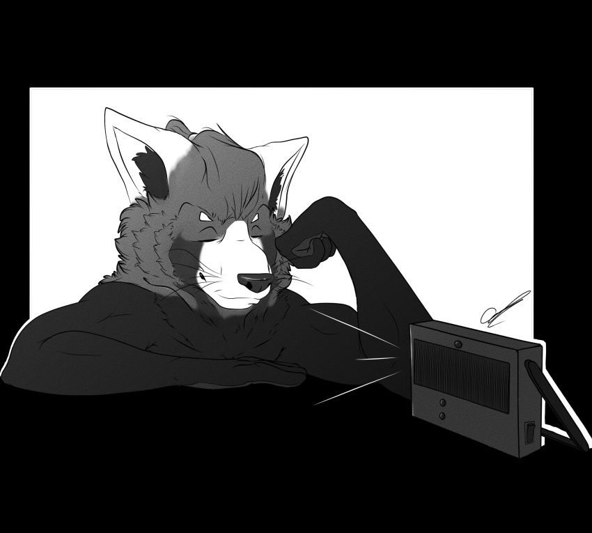 absurd_res ailurid anthro black_and_white black_background depictionexpress eyes_closed furniture hi_res male mammal man_bun monochrome on_table radio red_panda resting simple_background solo solo_focus table white_background