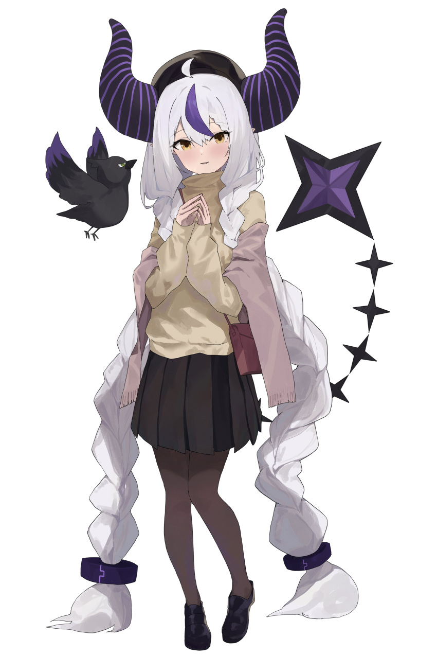 1girl absurdres ahoge alternate_costume black_footwear black_headwear black_horns black_skirt braid braided_bangs crow_(la+_darknesss) evening_rabbit highres hololive horns la+_darknesss long_braid long_hair multicolored_hair pointy_ears purple_hair skirt streaked_hair striped_horns very_long_hair virtual_youtuber yellow_eyes