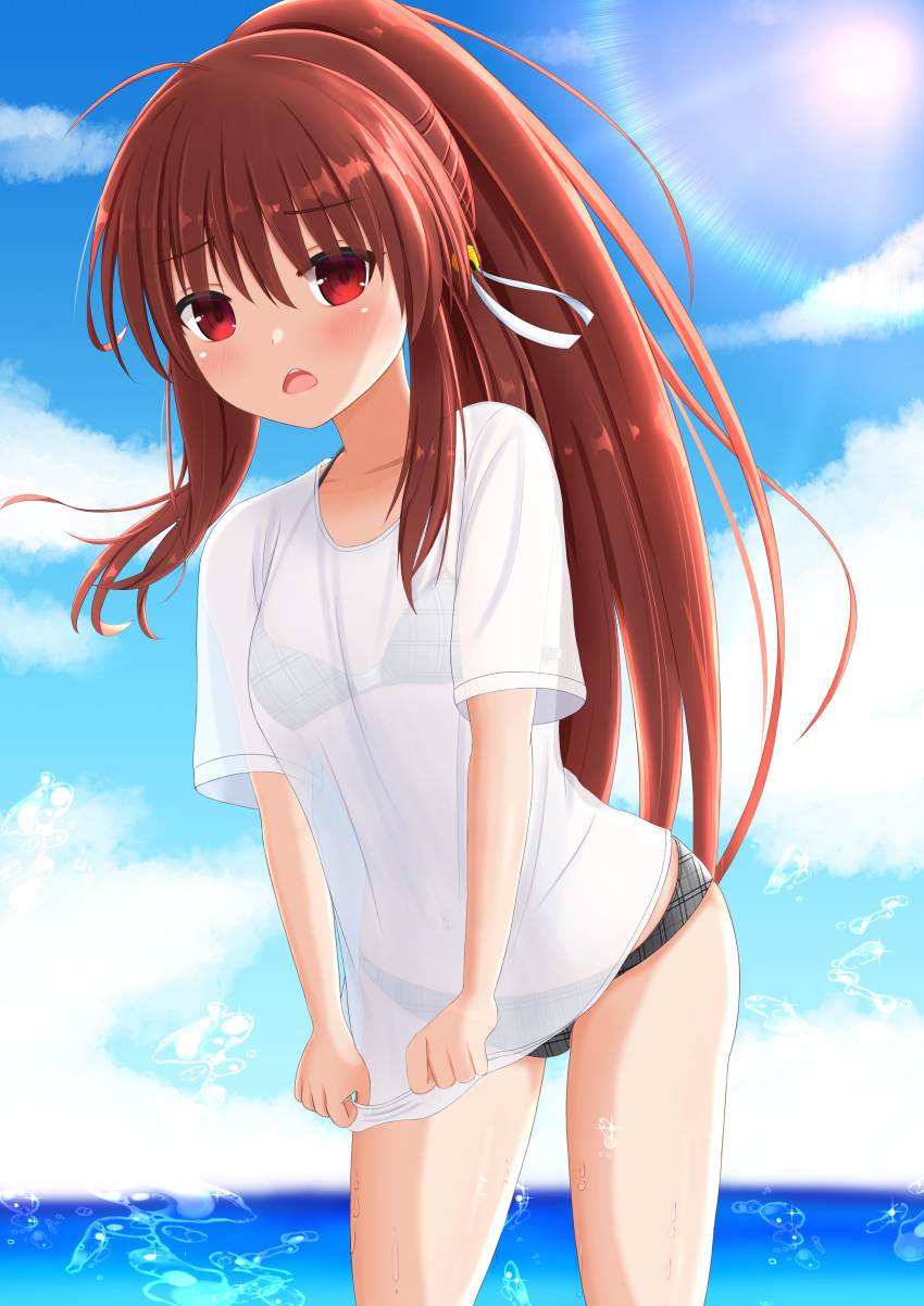 1girl absurdres ahoge backlighting bell bikini black_bikini blue_sky blush breasts brown_hair coffeem55 commentary_request cowboy_shot d: day eyes_visible_through_hair frown hair_bell hair_between_eyes hair_ornament hair_ribbon highres hot jingle_bell little_busters! long_hair looking_at_viewer natsume_rin navel open_mouth outdoors plaid plaid_bikini ponytail rainbow red_eyes ribbon see-through see-through_shirt shirt short_sleeves sidelocks sky small_breasts solo standing summer sun swimsuit teeth upper_teeth_only very_long_hair water_drop white_ribbon white_shirt