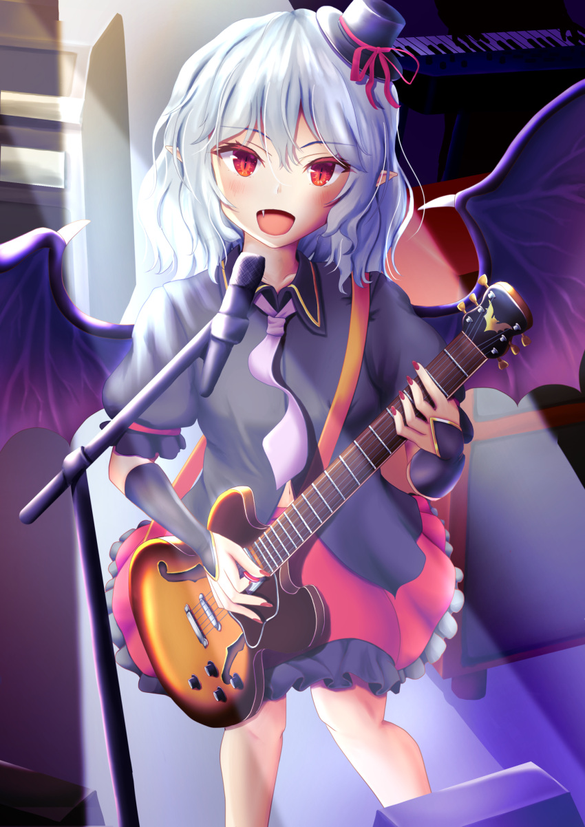 1girl alternate_costume bat_wings black_headwear black_shirt collared_shirt commentary_request fang feet_out_of_frame grey_hair guitar hat highres holding holding_instrument instrument looking_at_viewer microphone_stand mini_hat mini_top_hat mizunisabano music necktie open_mouth playing_instrument pointy_ears purple_necktie red_eyes red_nails red_skirt remilia_scarlet shirt short_hair skirt slit_pupils solo stage_lights top_hat touhou wings