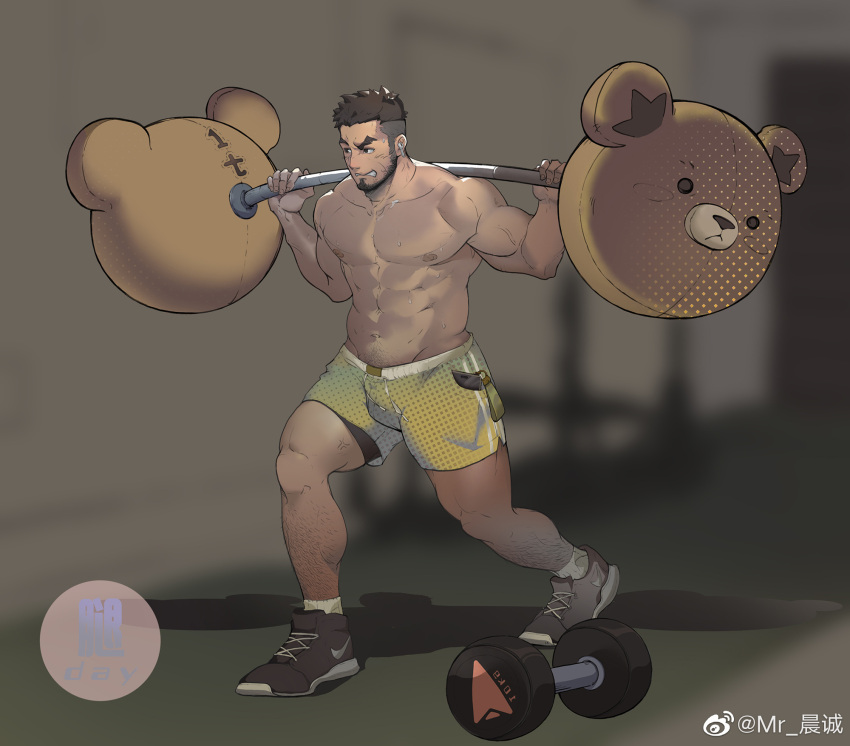 1boy abs animal_print bara barbell bear_print beard black_male_underwear bulge chenxiaocheng923 dark-skinned_male dark_skin dolphin_shorts dumbbell exercise facial_hair frown full_body gym highres large_pectorals leg_hair male_focus male_underwear male_underwear_peek mature_male muscular muscular_male navel navel_hair nike nipples original pectorals shoes short_hair shorts sneakers solo standing sweat thighs undercut underwear weightlifting yellow_shorts