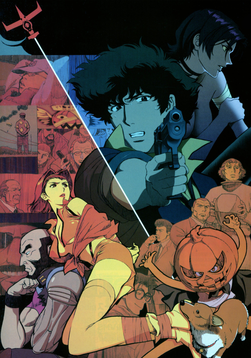 absurdres animal beard cowboy_bebop dog edward_wong_hau_pepelu_tivrusky_iv ein_(cowboy_bebop) electra_ovilo facial_hair faye_valentine glasses gun halloween halloween_costume highres jack-o'-lantern jet_black kawamoto_toshihiro legs multiple_boys multiple_girls mustache necktie non-web_source official_art prosthesis prosthetic_arm scan spacecraft spike_spiegel spiked_hair swordfish_ii weapon