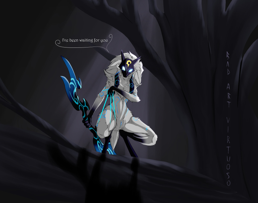 absurd_res anthro badartvirtuoso bovid caprine english_text female fur genitals glowing glowing_eyes glowing_markings hi_res kindred_(lol) lamb_(lol) league_of_legends mammal markings mask pussy riot_games sheep solo text